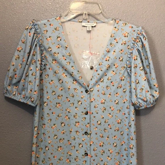 NEW Topshop Jersey midi dress pale blue women’s 6 floral cottagecore ruffle - Picture 3 of 16
